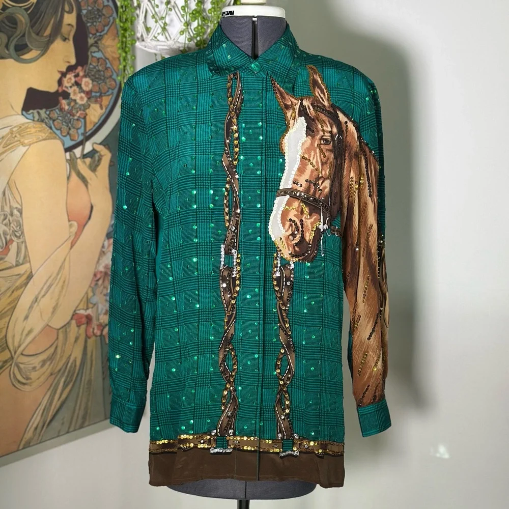 Vintage Diane Gilman 100% Silk Sequins Horse Green Plaid Button Down Blouse - Picture 1 of 7